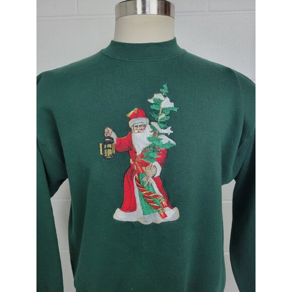 Vintage Fruit of the Loom Green Embroidered Santa Claus Christmas Sweatshirt‎ XL - Picture 2 of 9